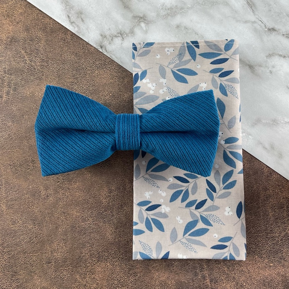 Men’s Azure Blue Velour Striped Bow Tie & Light Gray Foliage Pocket Square Set
